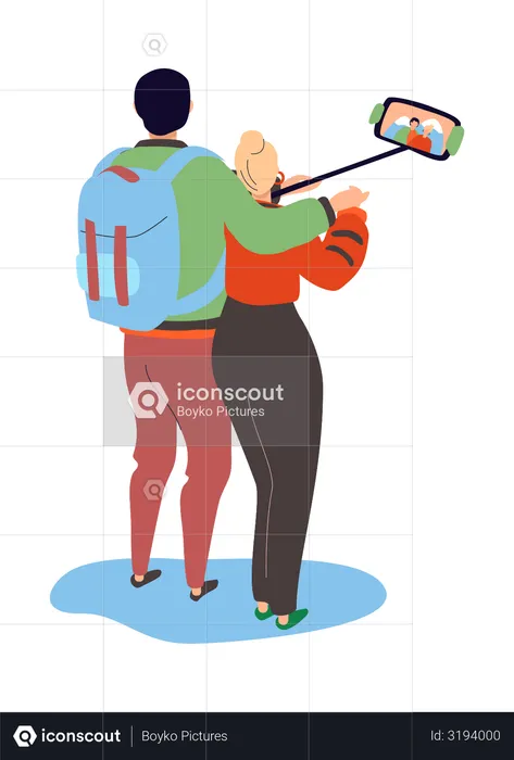 Romantic scenes with a boy and a girl in casual clothes making selfie  Illustration