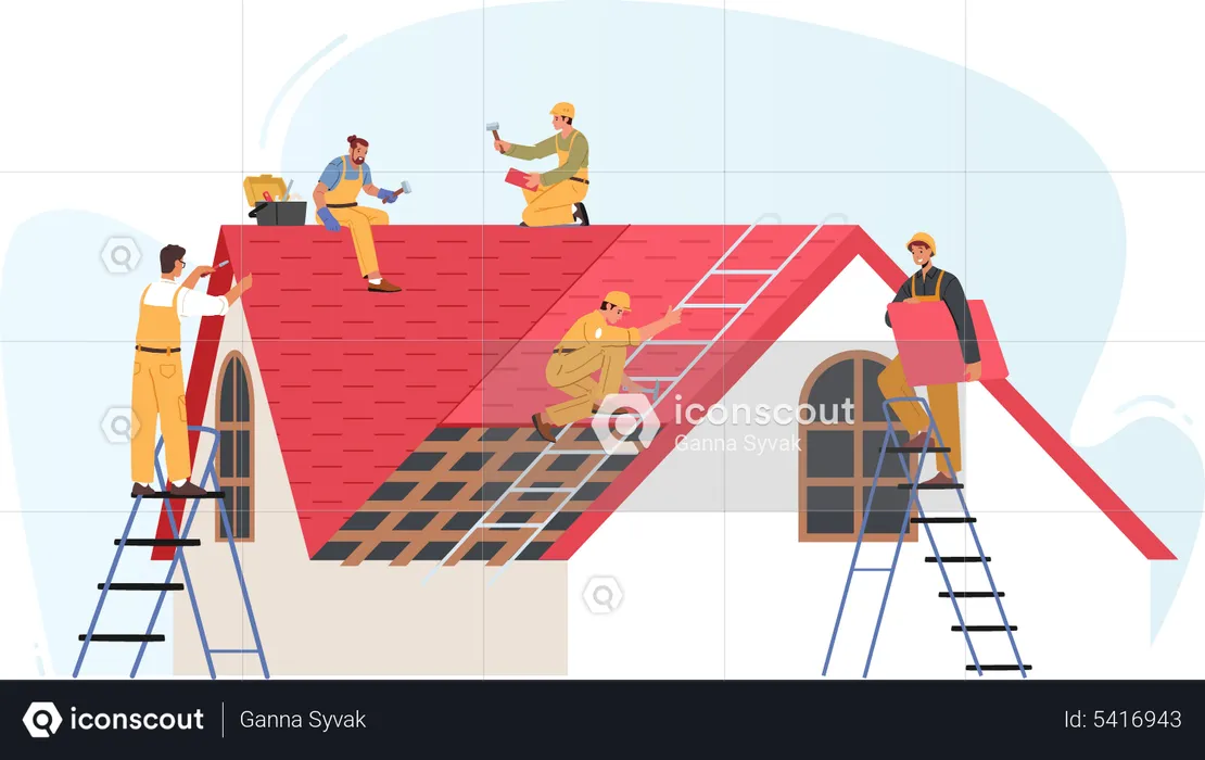 Roof Construction Workers Conduct Roofing Works  Illustration