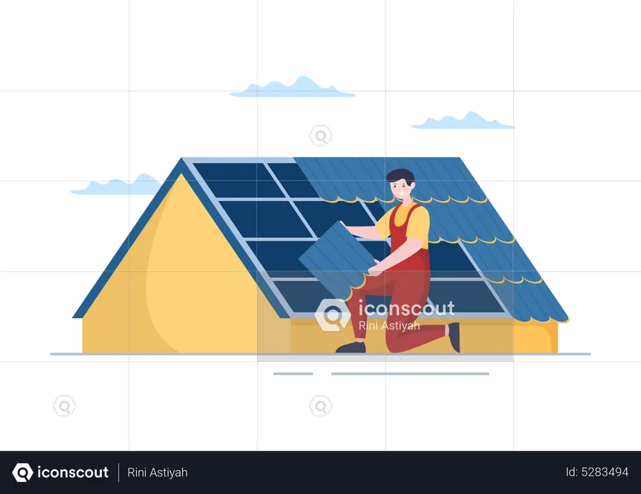 Roofing Construction Worker fitting house roof  Illustration