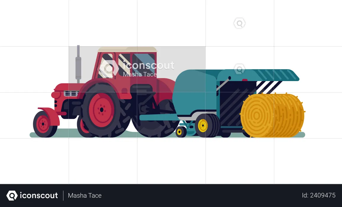 Roter Traktor zieht Rundballenpresse mit ausrollendem Heuballen  Illustration