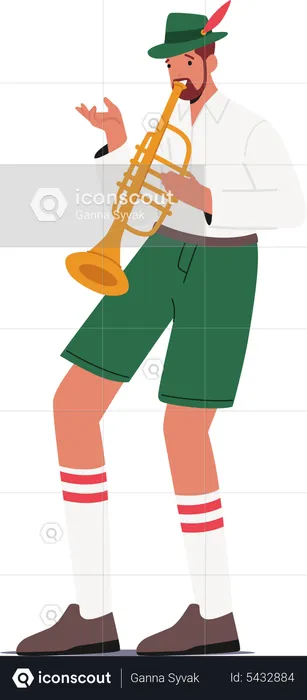 Masculino usa fantasia bávara tocando trompete  Ilustração