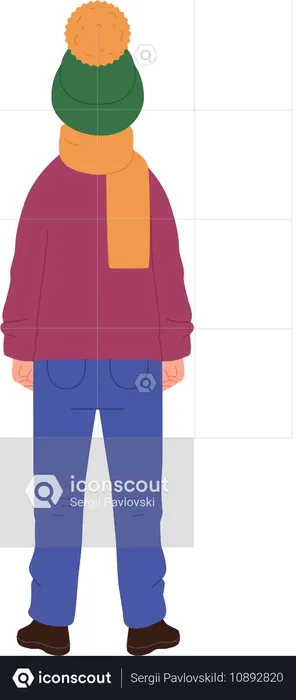 Rückansicht eines Jungen-Mode-Models in bequemer Winterkleidung  Illustration