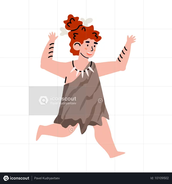 動物の毛皮の服を着て走る原始的な洞窟の石器時代の少女  イラスト