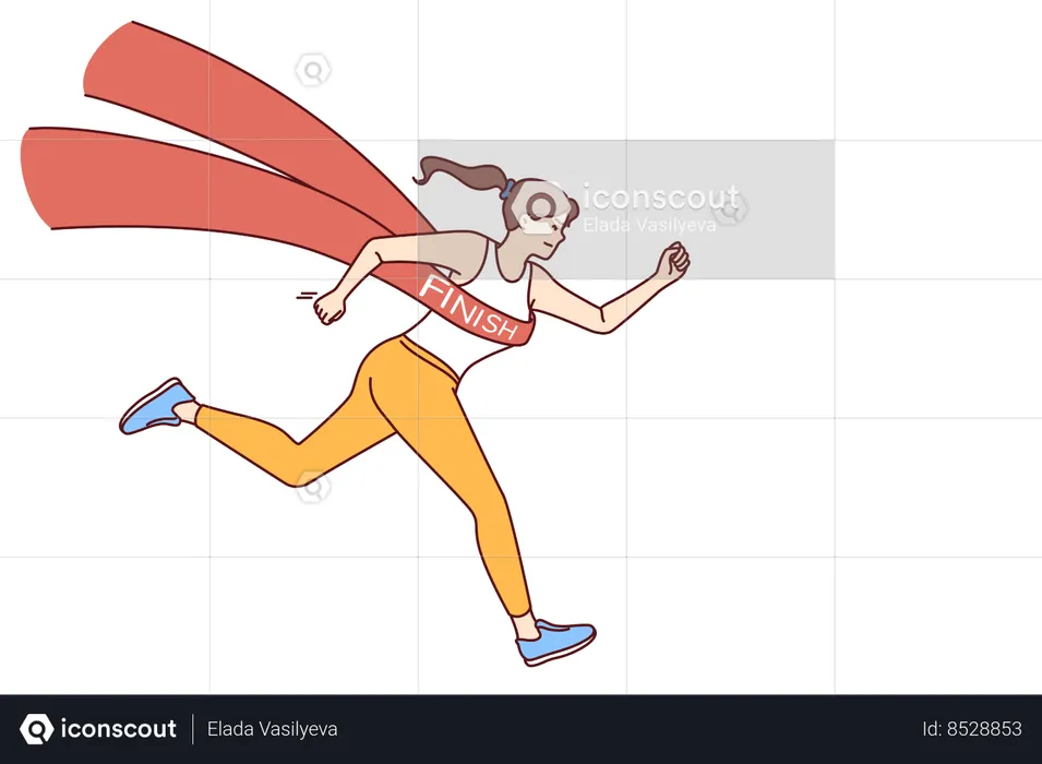 Running woman athlete with finishing tape symbolizes victory in marathon  Illustration