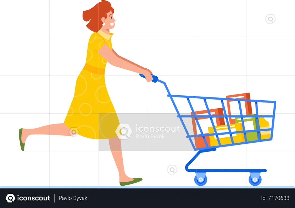 Running Woman Pushing Shopping Cart  Illustration