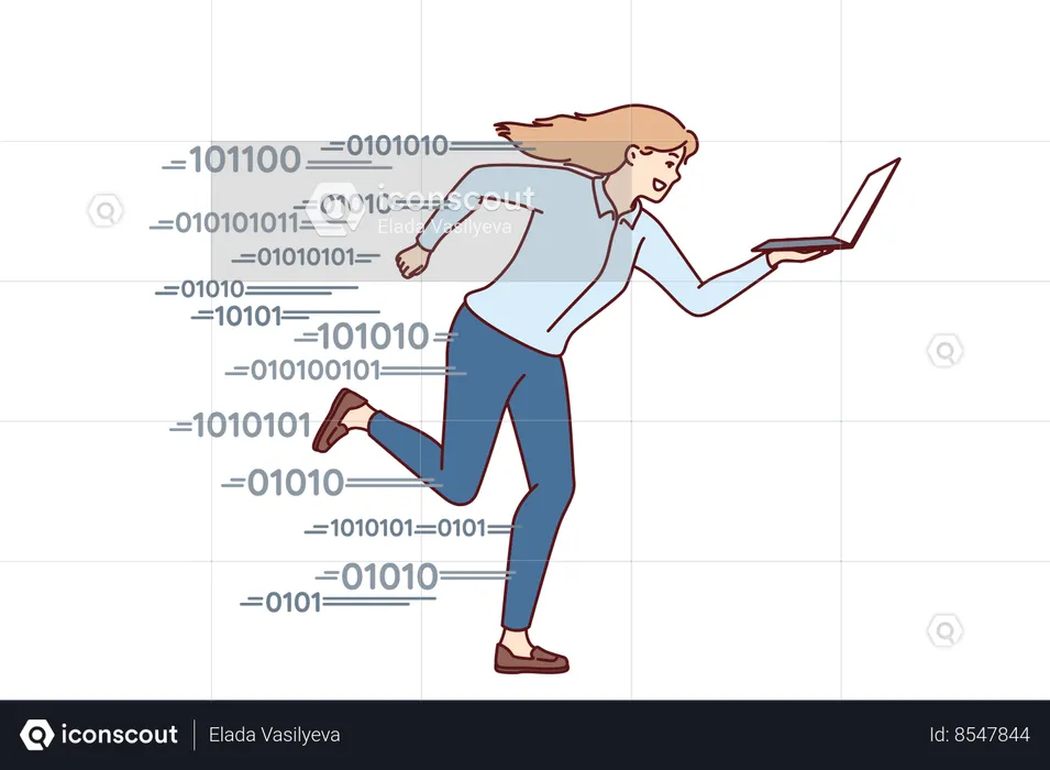 Running woman with laptop symbolizes ambition and pursuit of success in business  Illustration