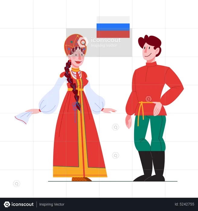 Russian man and woman in traditional costumes and headdresses  Illustration