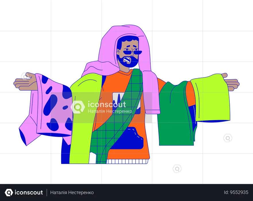 Sad african american man covered with outfit heap  Illustration