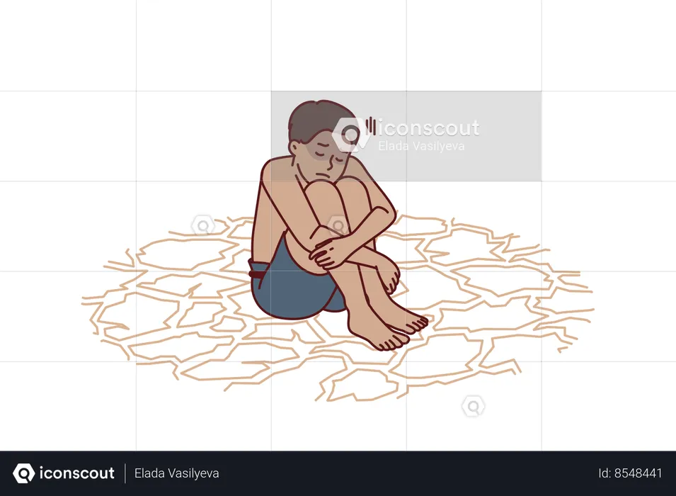 Sad boy feeling thirsty sits on dry ground after climate change and pollution of eco environment  Illustration