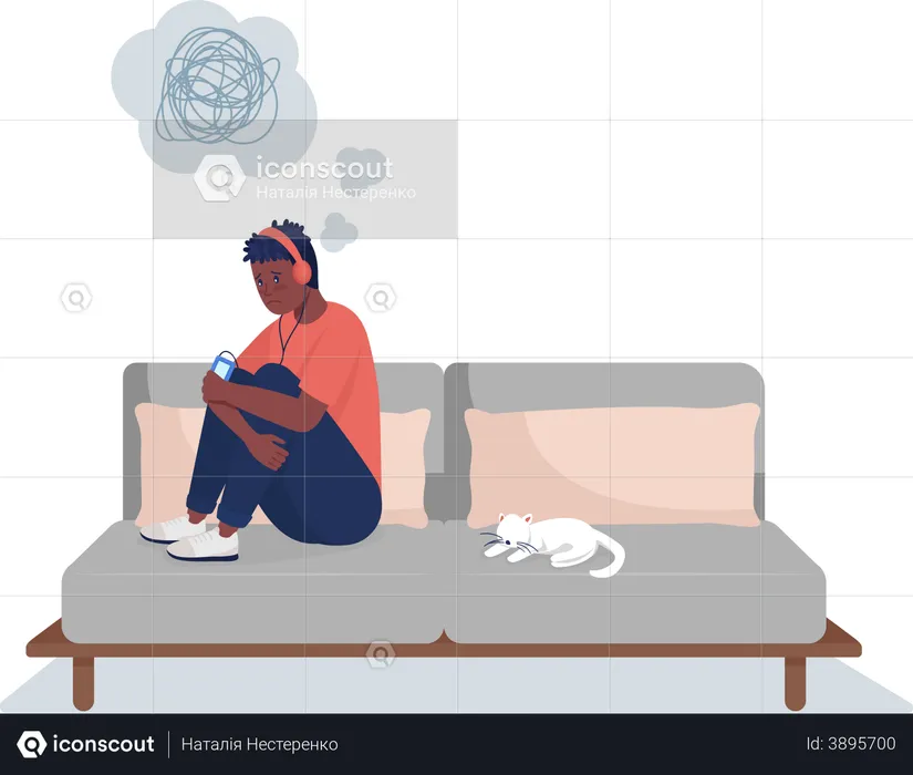 Sad boy in headphones on couch  Illustration