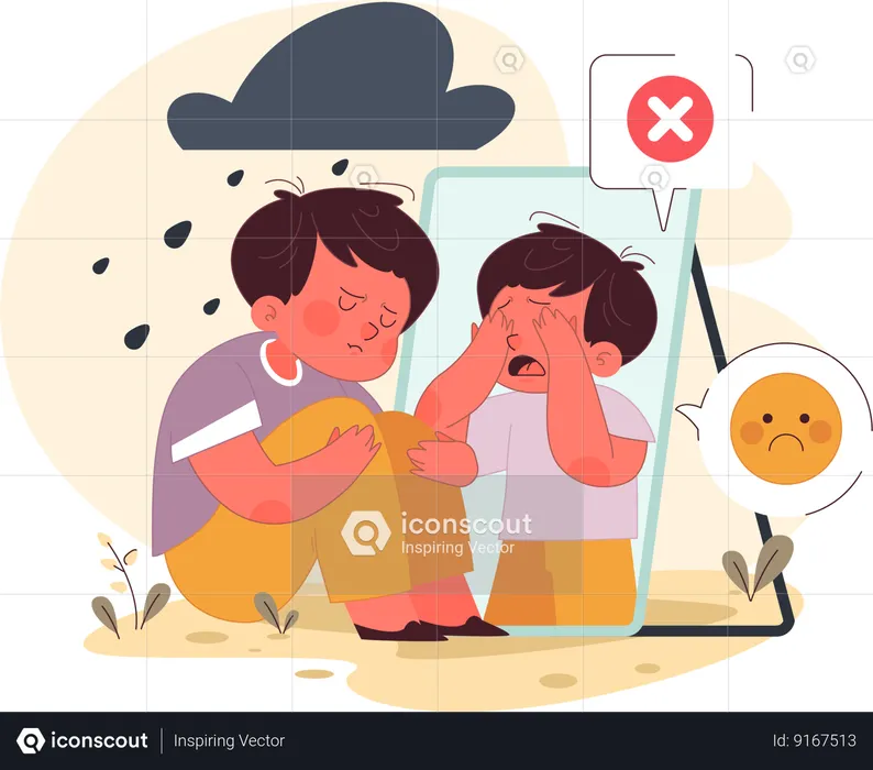 Sad boy looking at his reflection in the mirror.  Illustration