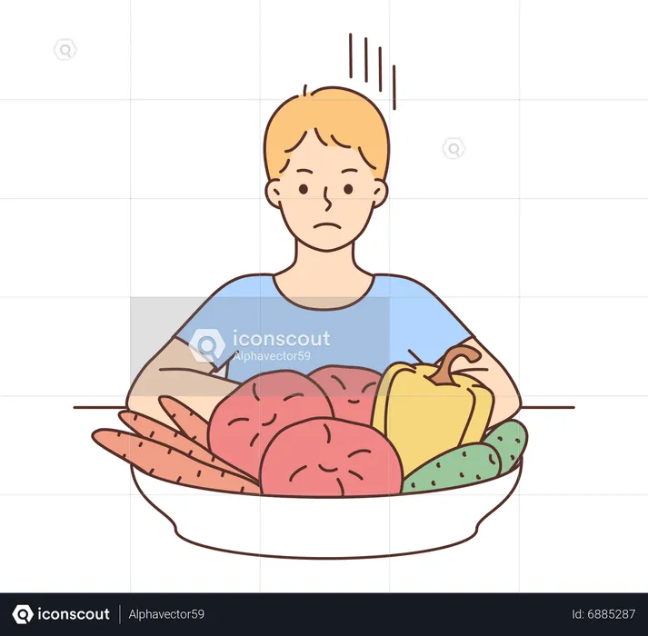 Sad boy looking at vegetable plate  Illustration