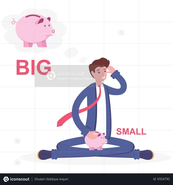 Sad businessman in stress with small piggy bank  Illustration