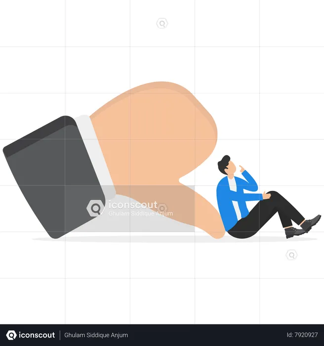 Sad Businessman Sits Next To A Big Hand Dislike  Illustration