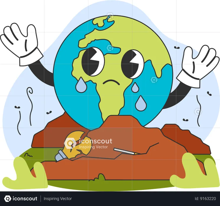 Sad crying Earth drowning in waste reaching out for help  Illustration