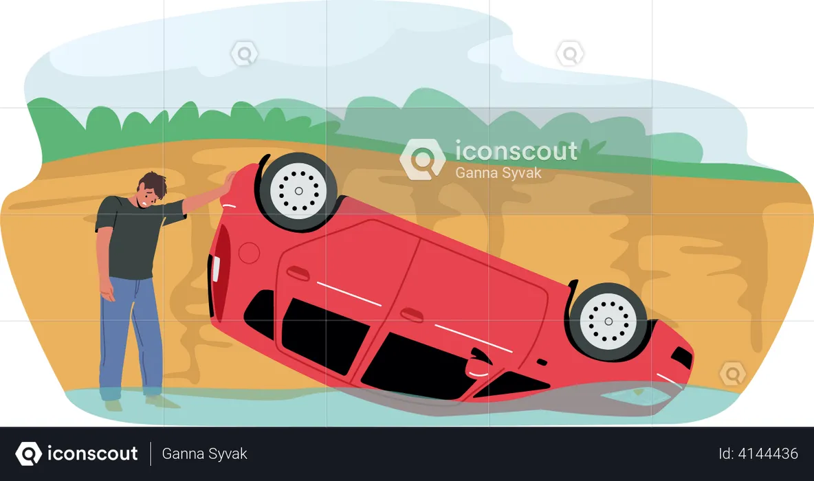 Sad driver stand near broken car  Illustration