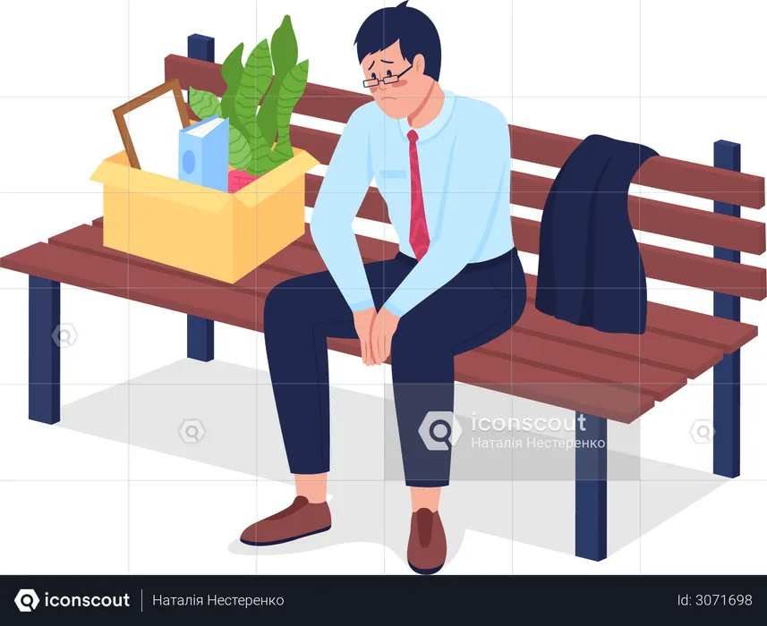 Sad fired employee sitting on bench  Illustration