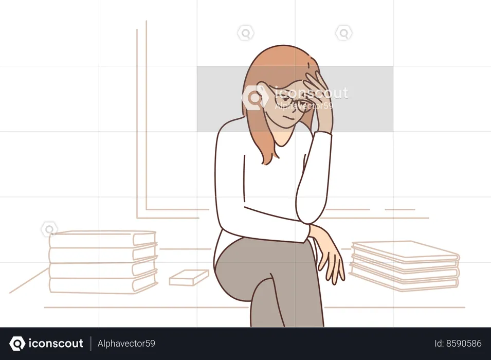 Sad girl sits near blackboard  Illustration