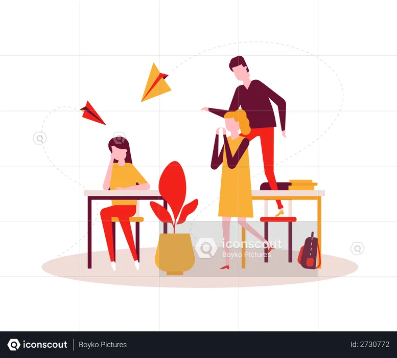 Sad girl sitting alone at the desk, teenagers, classmates mocking her, throwing paper planes  Illustration