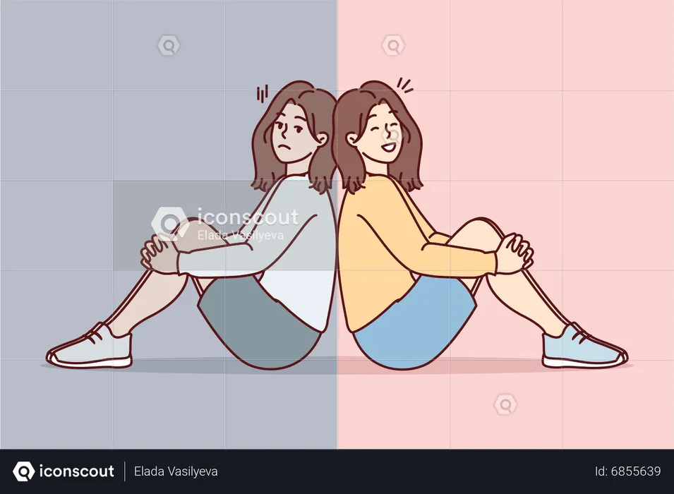 Sad girl vs happy girl  Illustration