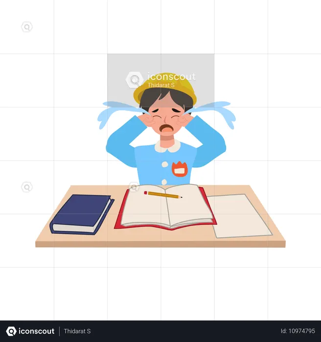 Sad japanese boy in school uniform crying at desk resisting school activities  Illustration
