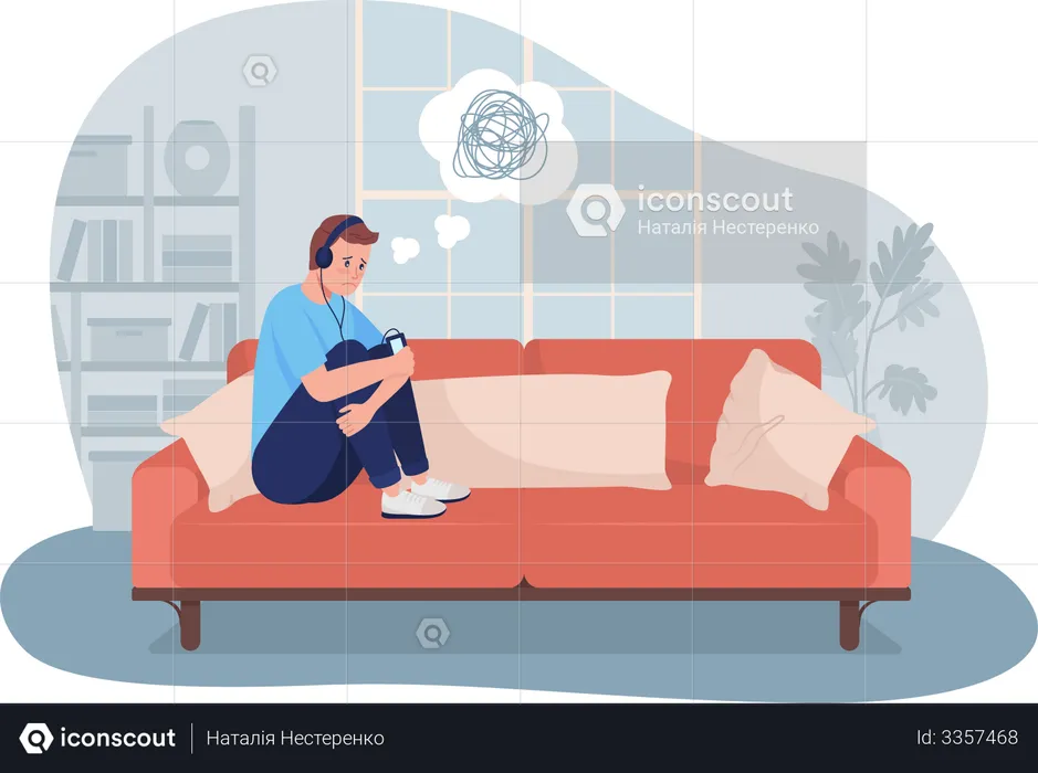 Sad lonely teen boy at home  Illustration