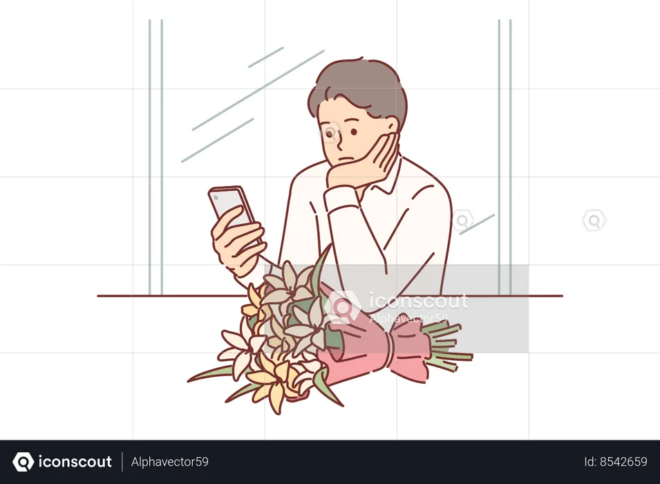 Sad man waiting for girlfriend in cafe with bouquet  Illustration