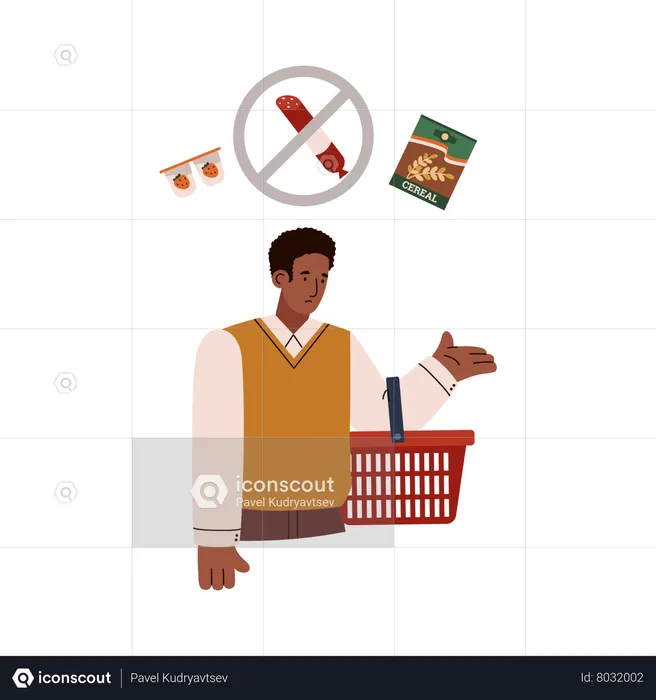 Sad man with empty shopping basket due to global food shortage  Illustration