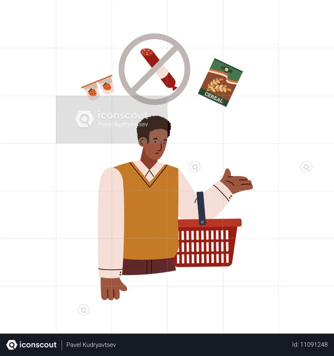 Sad man with empty shopping basket  Illustration