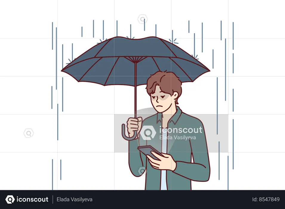 Sad man with umbrella stands in rain and reads SMS in phone from girlfriend refused to come on date  Illustration