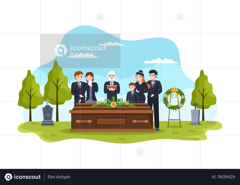 Sad People in Black Clothes Standing and Wreath Around Coffin  Illustration
