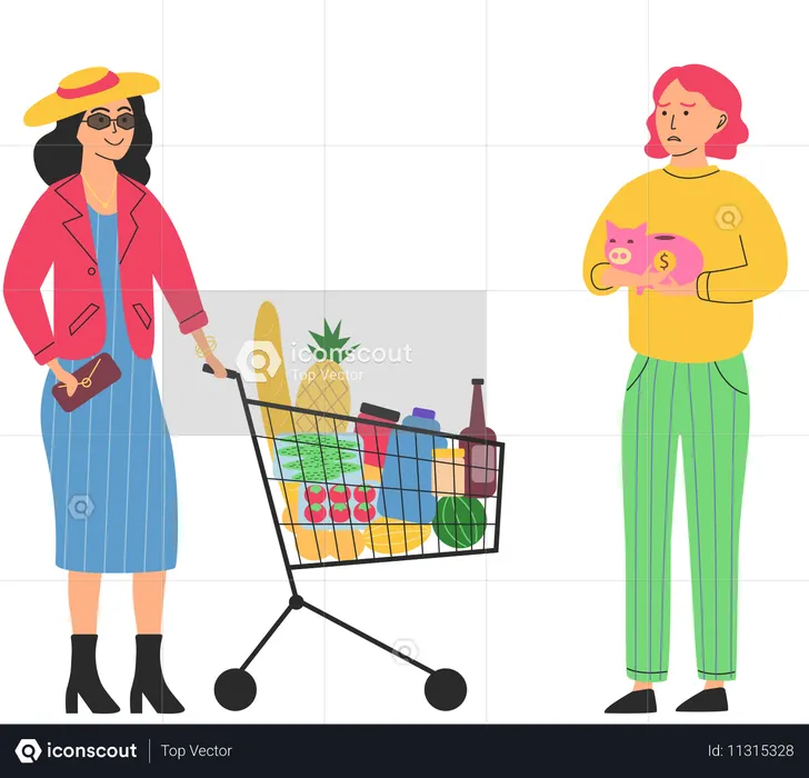 Sad poor woman and happy rich lady  Illustration