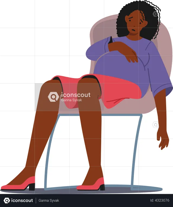 Sad Pregnant Female with Big Belly Sitting on Chair with Upset Face  Illustration