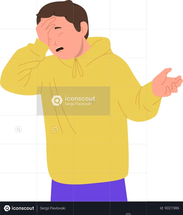 Sad school boy touching his forehead with anxious emotion  Illustration
