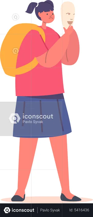 Sad Schoolgirl with Cheerful Mask  Illustration