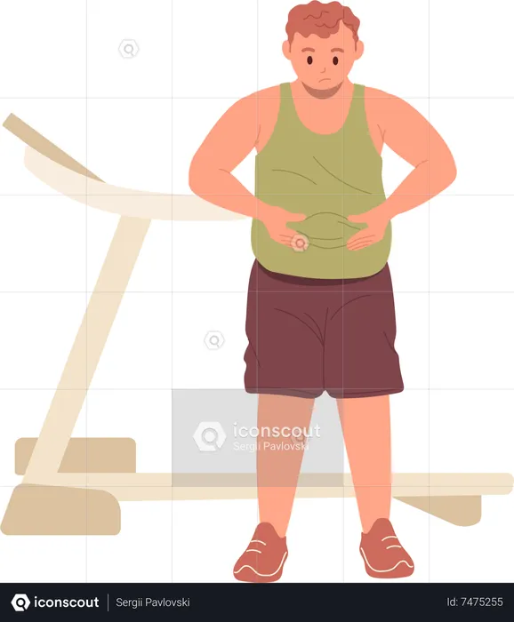 Sad unhappy fat man having excess weight touching his obese belly standing over treadmill machine  Illustration