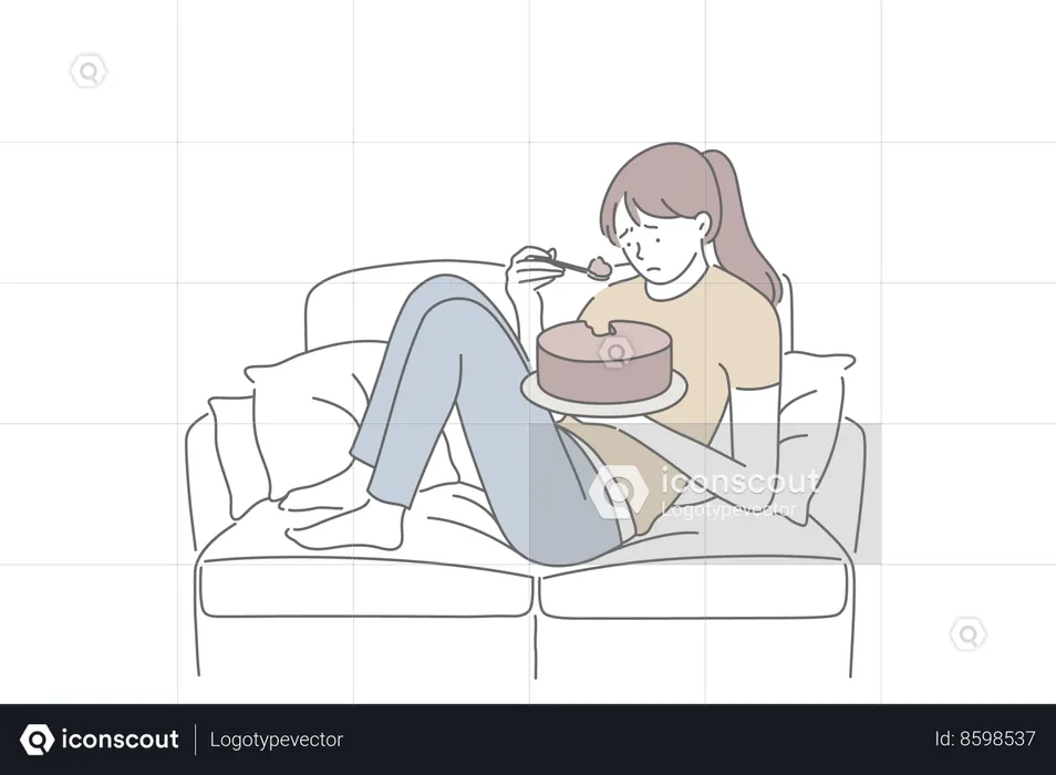 Sad woman eating cake  Illustration