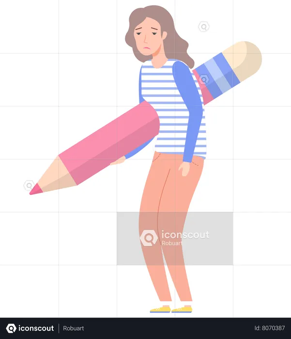 Sad woman holding big pencil  Illustration