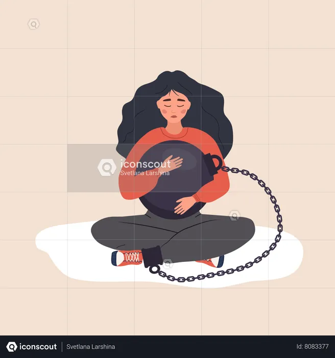 Sad woman hugging heavy wrecking ball and feeling guilty  Illustration