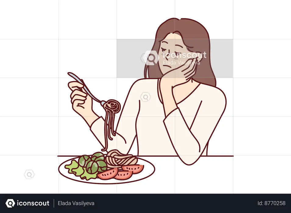 Sad woman is eating noodles  Illustration