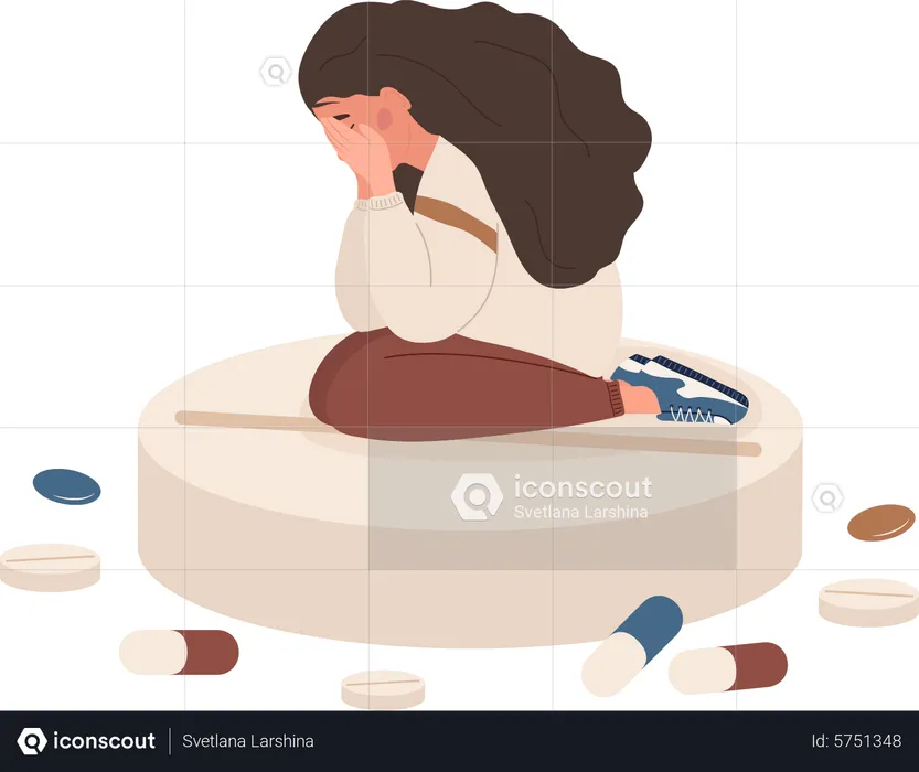 Sad woman sitting on big pill  Illustration