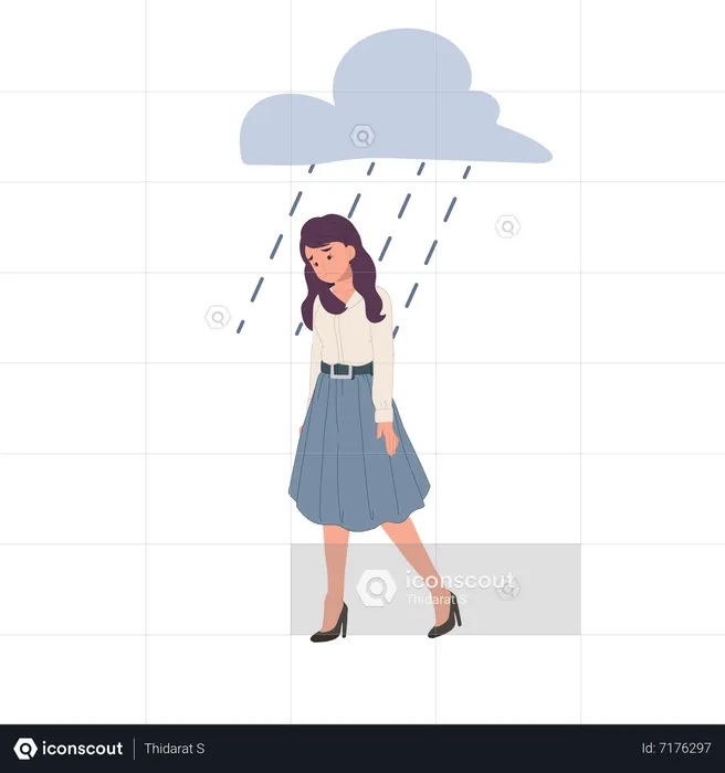 Sad woman walking under the rain  Illustration