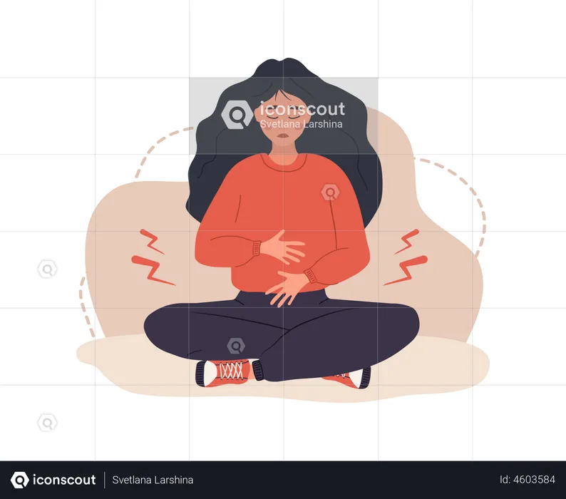 Sad woman with abdominal cramps  Illustration