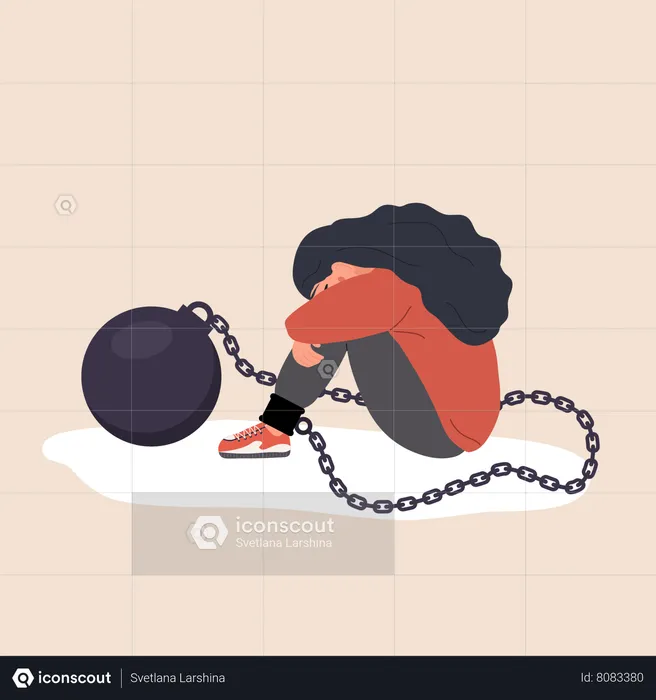 Sad woman with heavy wrecking ball feeling guilty  Illustration