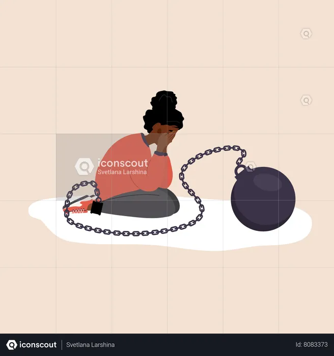 Sad woman with heavy wrecking ball feeling guilty  Illustration