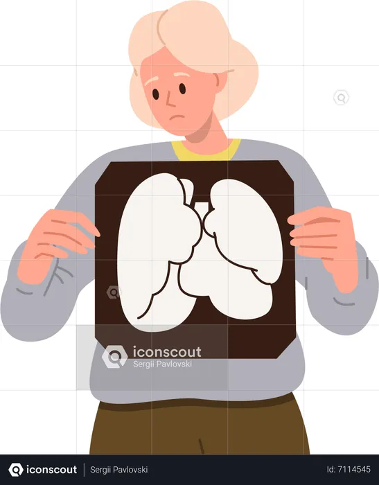 Sad young woman holding bad result of lungs x-ray  Illustration