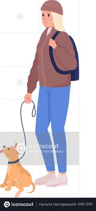 Sad young woman with dog on leash  Illustration