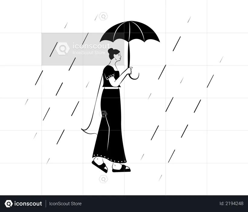 Female holding umbrella walking in rain  Illustration