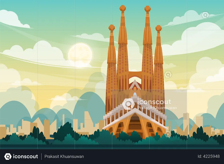Sagrada Familia Gaudi Basilica in Barcelona  Illustration