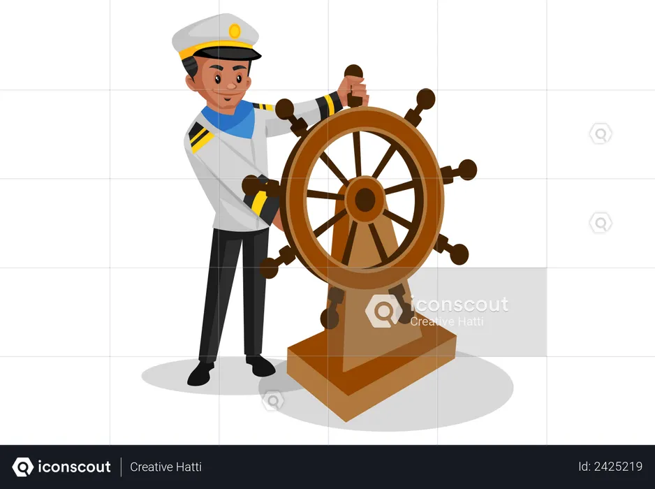 Sailor turning ship with steering wheel  Illustration